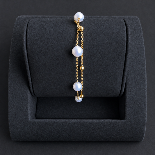 YUKI Double Chain bracelet with white freshwater pearls and small gold-tone beads, draped over a black velvet jewelry stand.