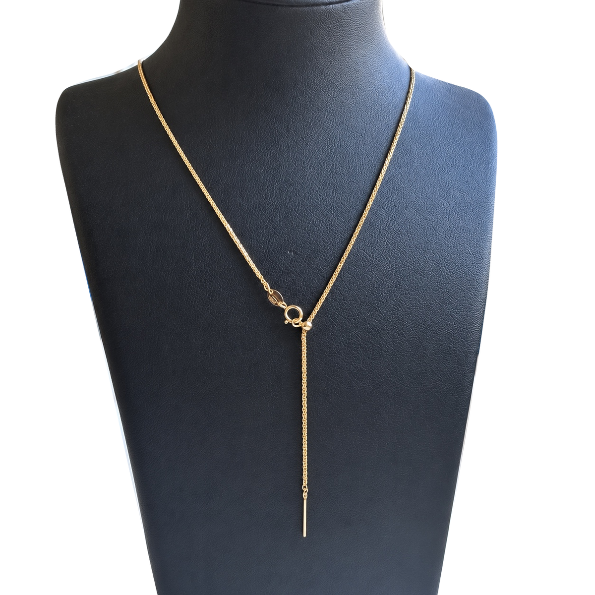 Back view of the YUKI Trio freshwater pearl necklace, showing the gold-tone clasp and sliding adjustment chain with a slim bar end on a black jewelry bust.